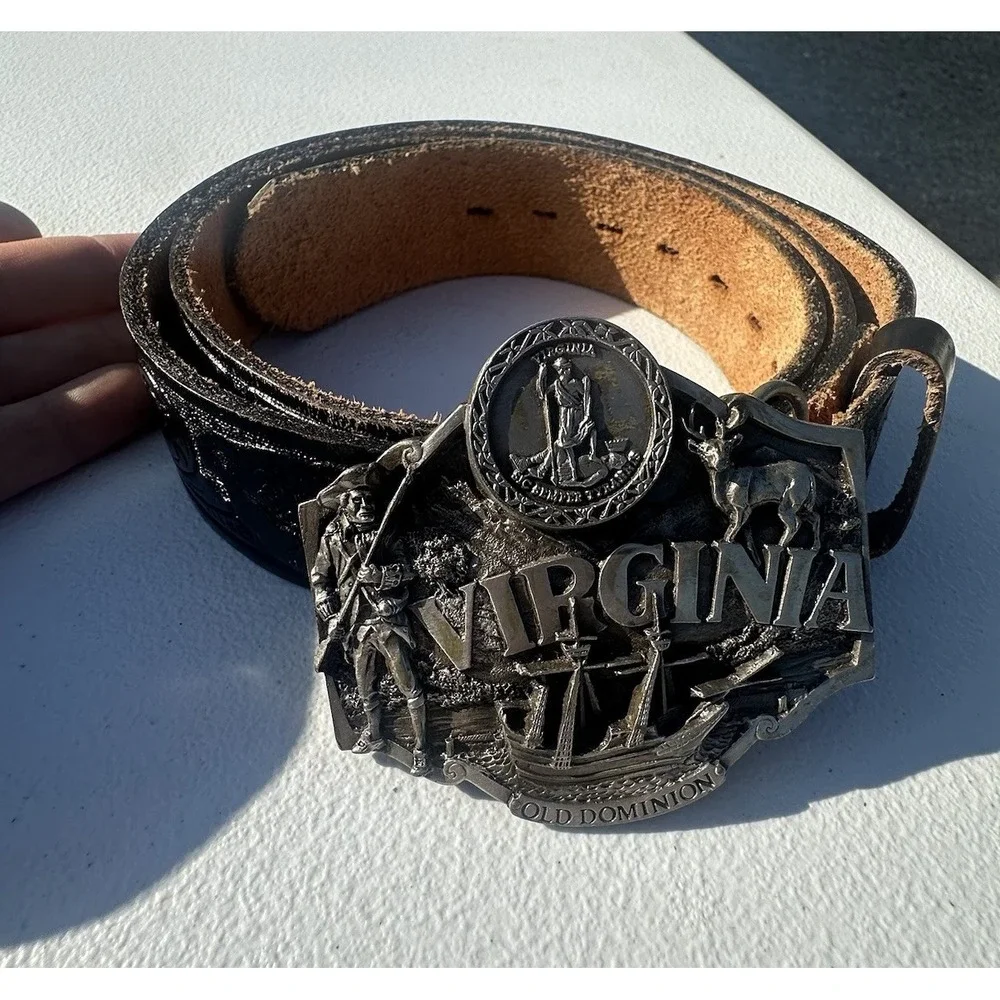 Vtg 1987 Belt Buckle - Virginia Old Dominion - Enameled Top Grain Tooled 38 Belt